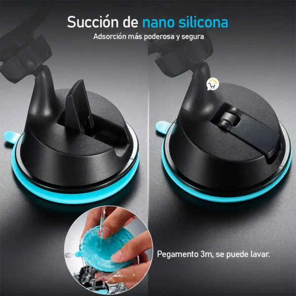 Soporte universal para carro con ventosa de silicona y rotación 360°, adhesivo lavable.