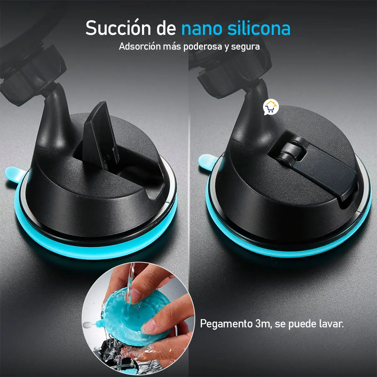 Soporte universal para carro con ventosa de silicona y rotación 360°, adhesivo lavable.