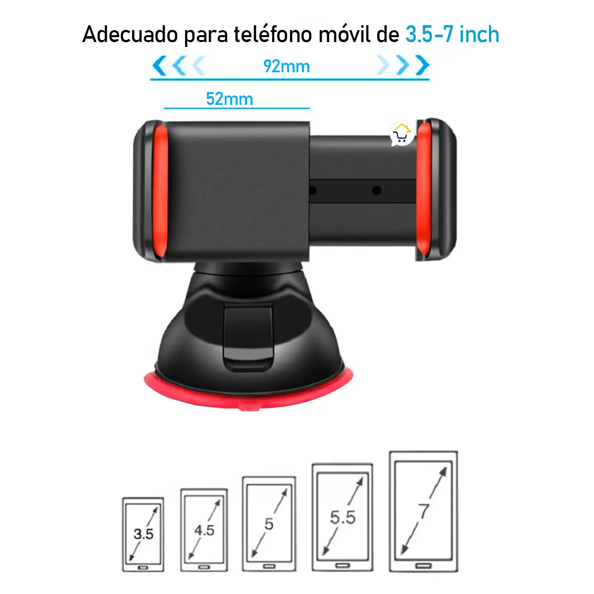 Soporte universal para carro con ventosa, rotación 360°, para móviles de 3.5-7 pulgadas.