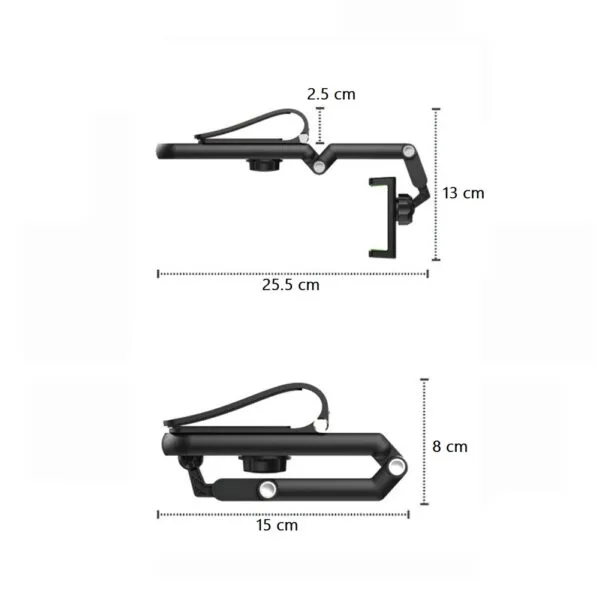 Soporte clip universal para celular en posición mano libre, 25.5 cm de largo, 13 cm de alto.