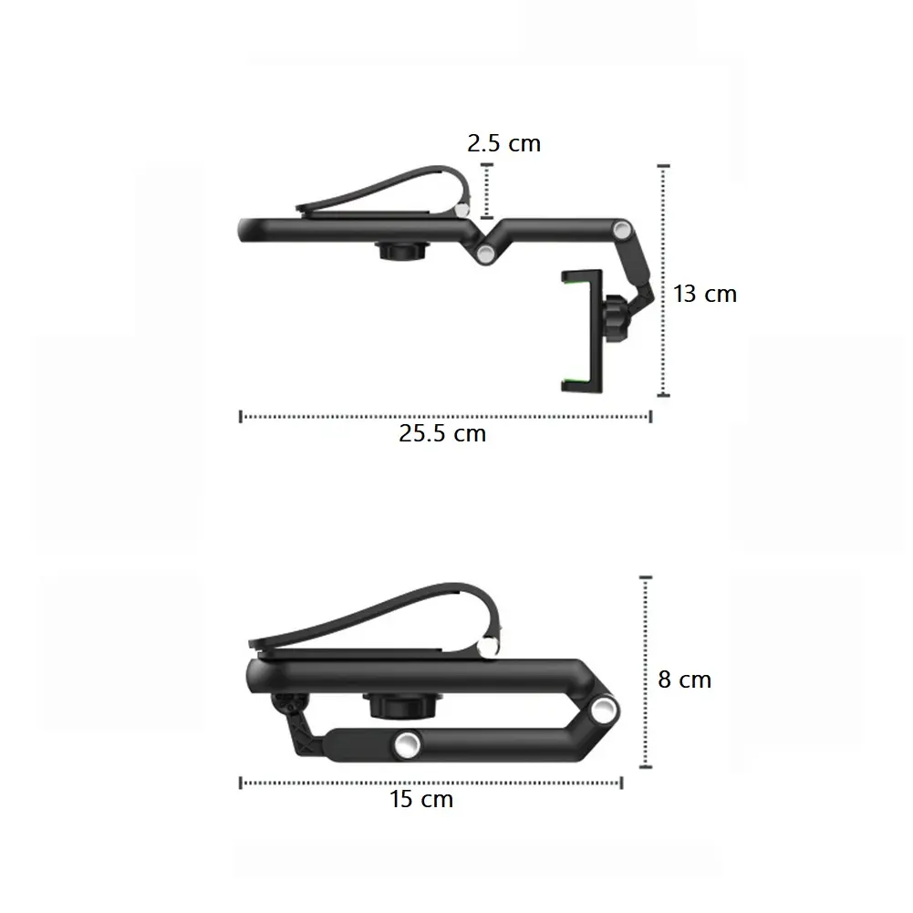 Soporte clip universal para celular en posición mano libre, 25.5 cm de largo, 13 cm de alto.