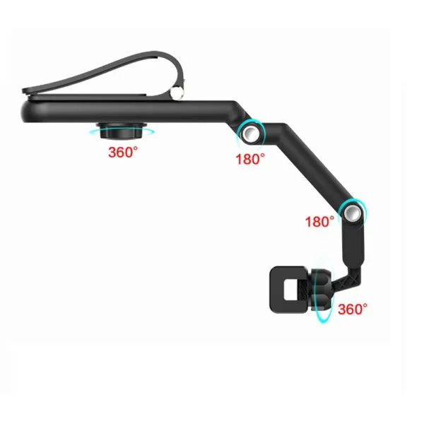Clip universal para celular con rotación de 360° y articulaciones de 180°.