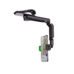 Soporte universal clip mano libre para celular con brazo articulado y teléfono en navegación.