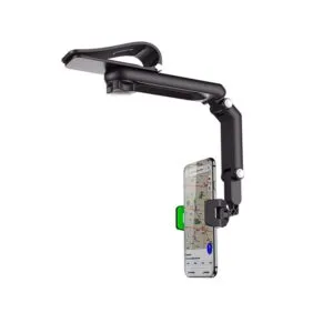 Soporte universal clip mano libre para celular con brazo articulado y teléfono en navegación.