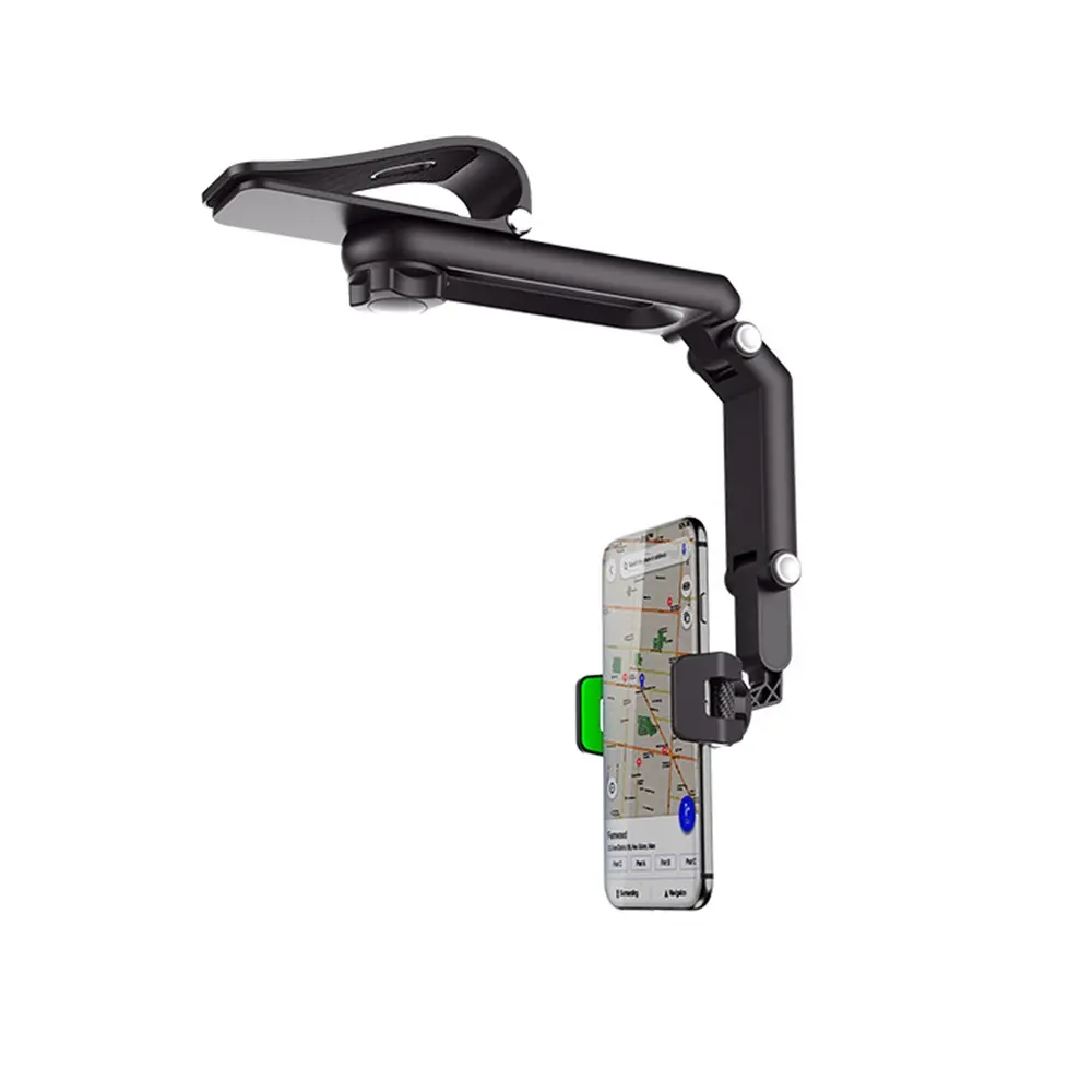 Soporte universal clip mano libre para celular con brazo articulado y teléfono en navegación.