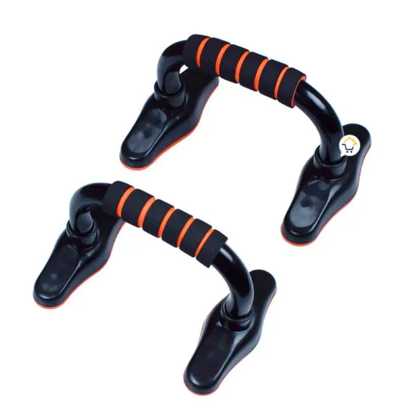 Soporte para flexiones con mangos naranjas y negros, ideal para entrenar el pecho.