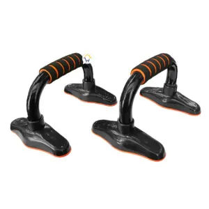 Soporte de barras para flexiones de pecho: push up bars negros con agarres naranjas.