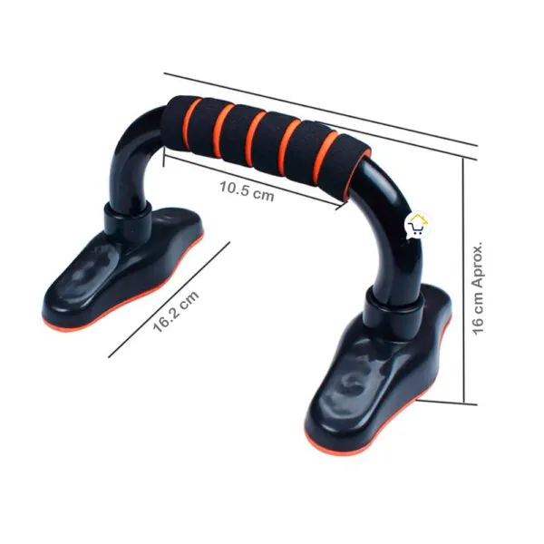 Soportes para flexiones de pecho con mangos ergonómicos y medidas de 10.5 y 16.2 cm.