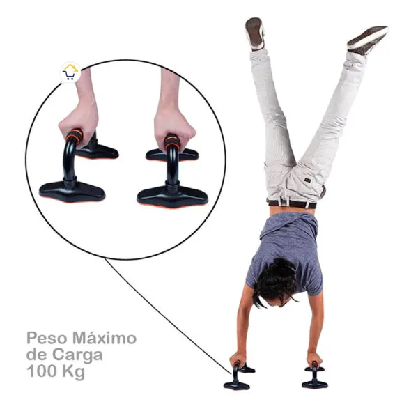 Soporte para flexiones de pecho: hombre haciendo parada de manos sobre barras push up con peso máximo de 100 kg.