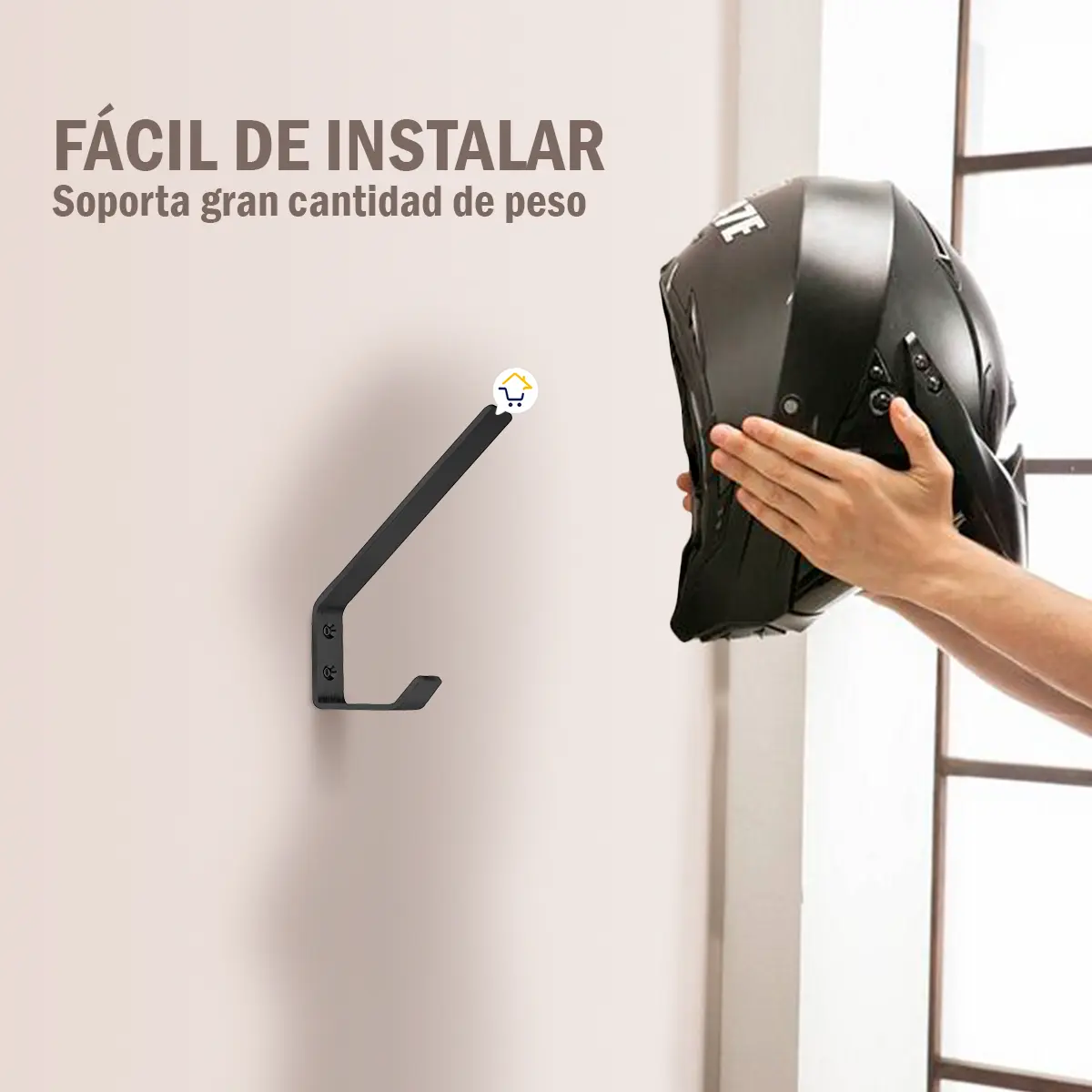 Soporte de pared para casco de moto negro, fácil de instalar, alta capacidad.
