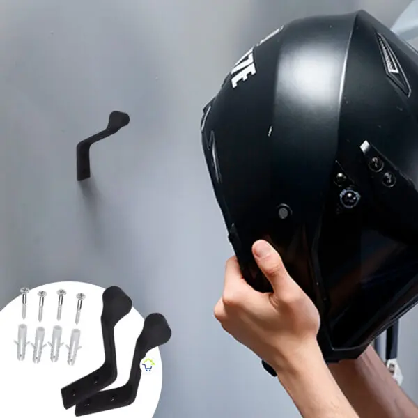 Soporte para casco de moto multifuncional negro para pared, con tornillos y chazos.