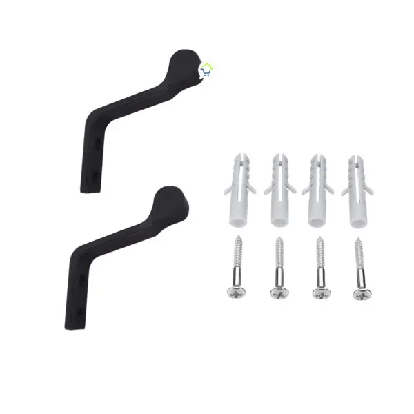 Set de 2 soportes negros para casco de moto con chazos y tornillos, ideal para pared.