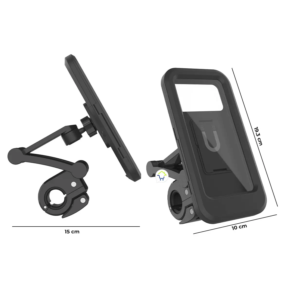 Soporte impermeable para celular de moto y bicicleta con ajuste flexible y medidas de 19.3 cm y 10 cm.