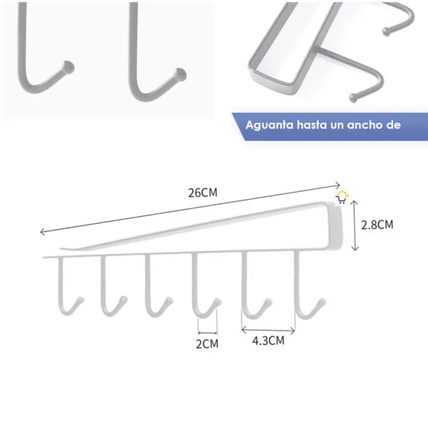 Organizador de cocina con 4 ganchos para tazas y vasos, ideal para gabinetes y espacios estrechos.