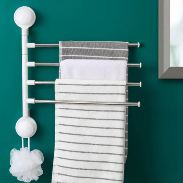 Soporte para toallas con ventosas y brazos giratorios, ideal para baño o cocina.