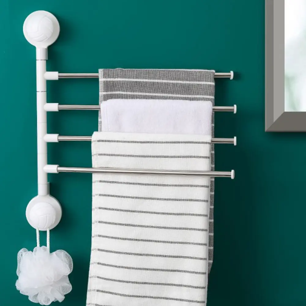 Soporte para toallas con ventosas y brazos giratorios, ideal para baño o cocina.