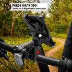 Soporte 360° para celular en bicicleta o moto con ajuste universal y giro completo.