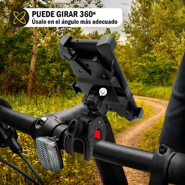 Soporte 360° para celular en bicicleta o moto con ajuste universal y giro completo.