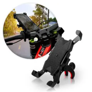 Soporte universal para celular 360° en bicicleta o moto, con vista en detalle del manillar.