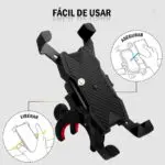 Soporte universal para celular de bicicleta y moto, con giro 360° para fácil uso y ajuste seguro.