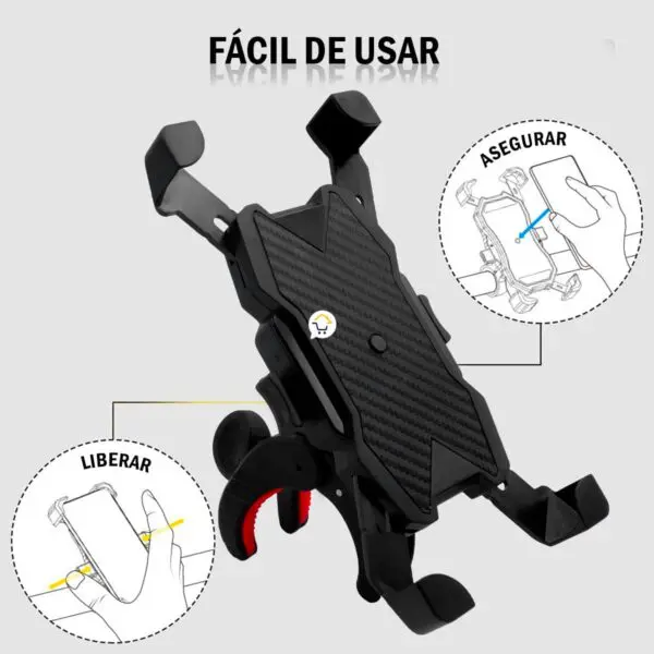 Soporte universal para celular de bicicleta y moto, con giro 360° para fácil uso y ajuste seguro.