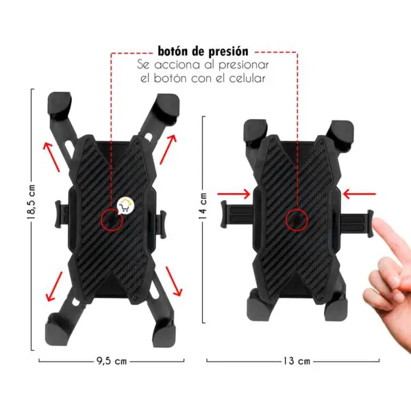 Soporte de bicicleta para celular, ajuste 360°, fácil de usar, diseño universal.