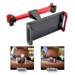 Soporte universal para celular y tablet en asiento trasero de auto, con clips rojos y negros.
