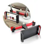 Soporte universal para celular en asiento trasero de auto, ideal para viajes.