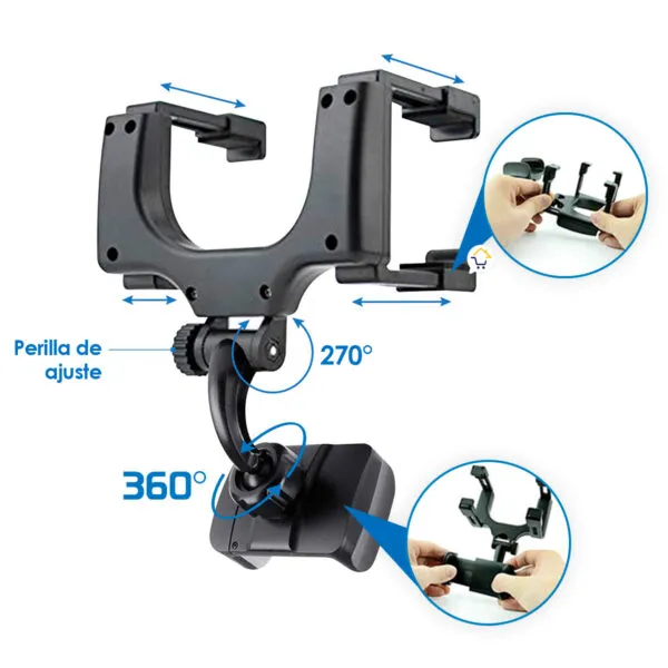 Soporte universal para celular, se ajusta al espejo retrovisor, rotación 360° y 270°.