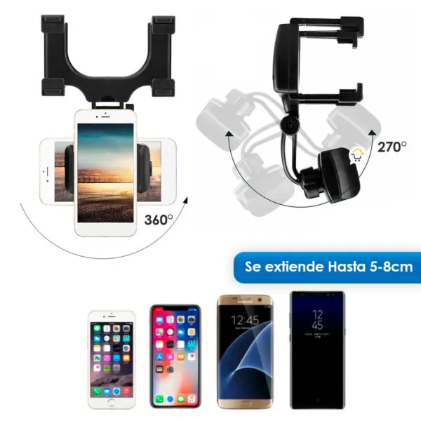 Soporte universal para celular en espejo retrovisor de auto, con rotación de 360° y 270°