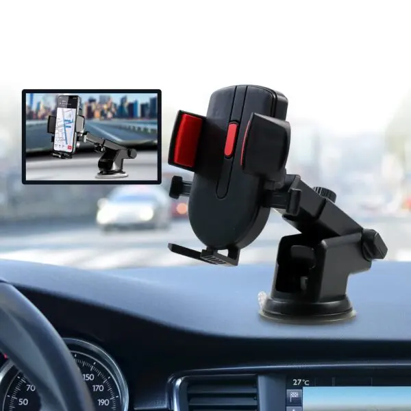 Soporte universal para celular en carro con ventosa, ideal para navegación GPS.