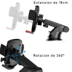 Soporte universal de celular para carro con extensión de 18 cm y rotación de 360°.