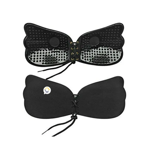 Sujetador adhesivo negro lavable con cordón frontal, levantador de senos sin tiras, tipo mariposa.