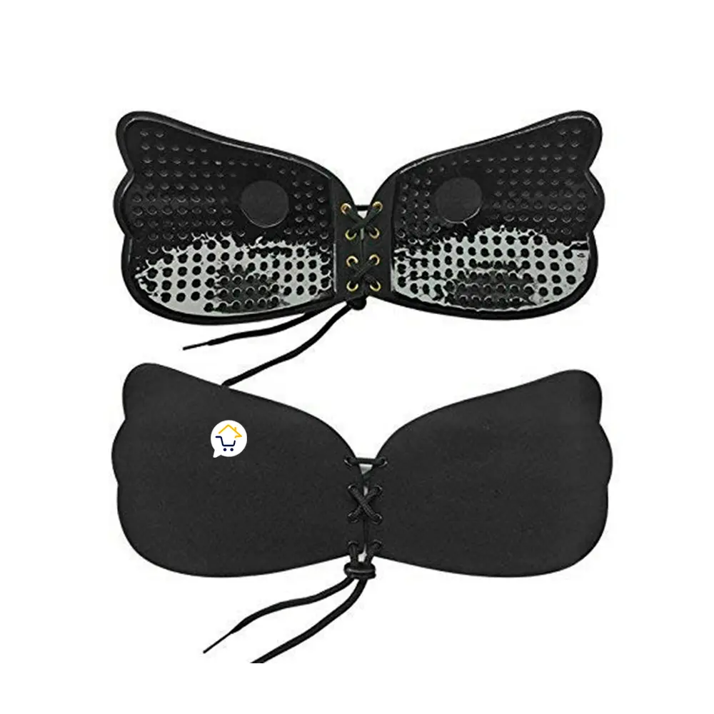 Sujetador adhesivo negro lavable con cordón frontal, levantador de senos sin tiras, tipo mariposa.