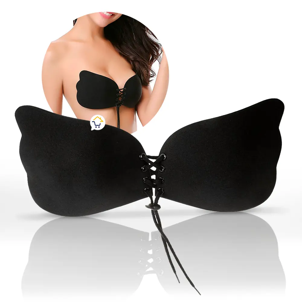 Sujetador adhesivo negro lavable con cordones para levantar el busto, talla única.