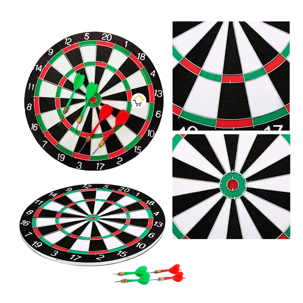 Tablero de dardos 2 en 1 de madera, tiro al blanco reversible con dardos verdes y rojos.