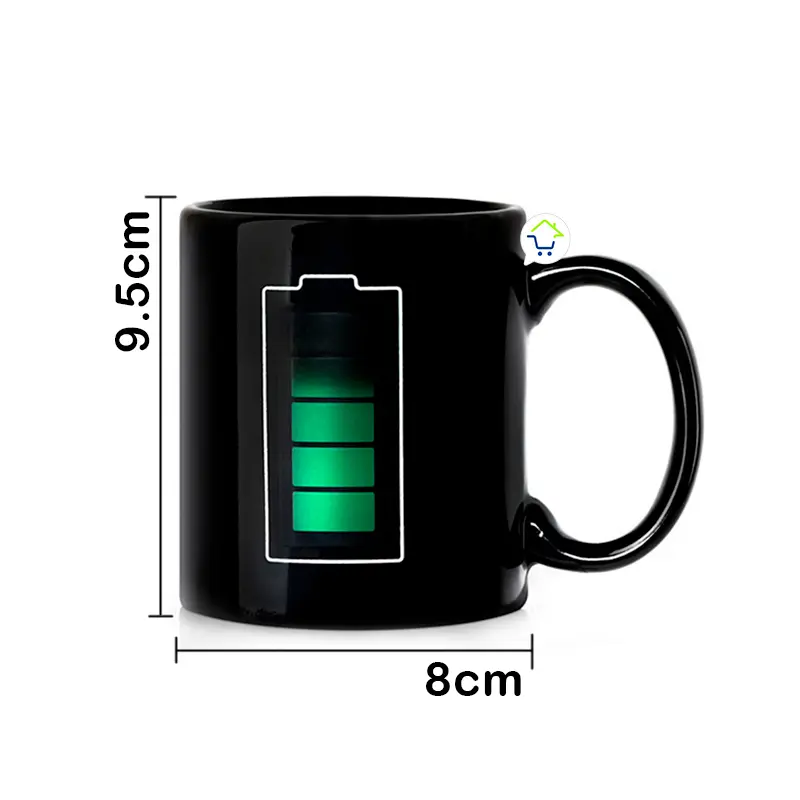Taza mágica negra con diseño de batería que cambia de color con el calor.