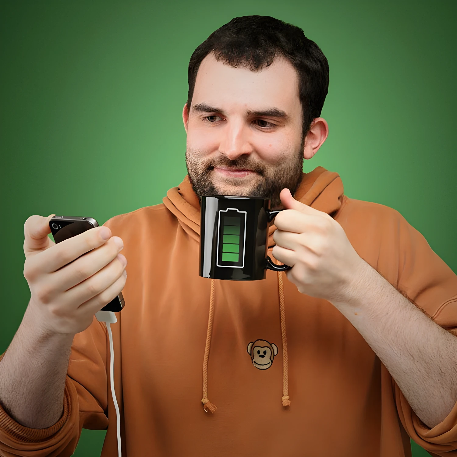 Taza mágica que cambia color al calor, con indicador de batería, mientras cargas tu celular.