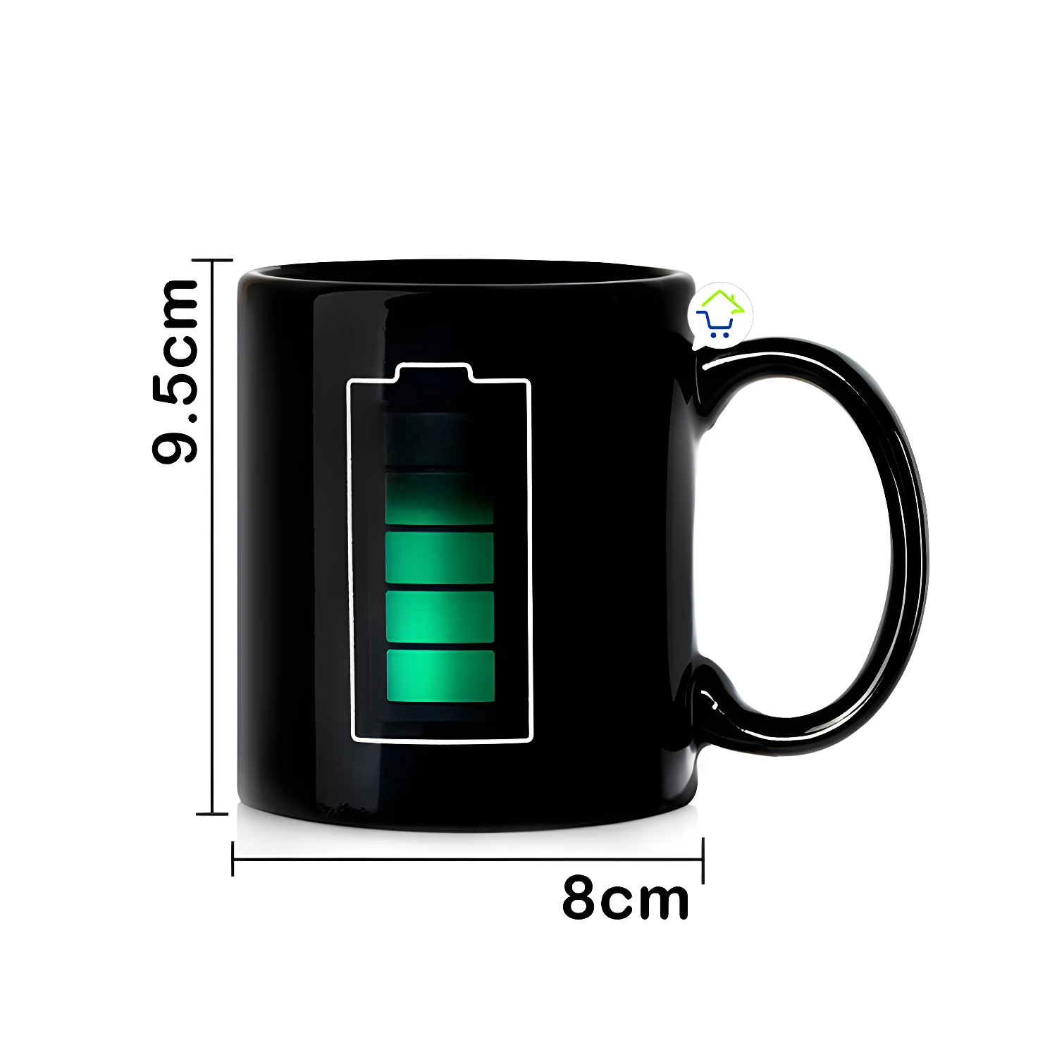 Taza mágica negra con indicador de batería que cambia de color al calentarse, 9.5cm alto, 8cm ancho.