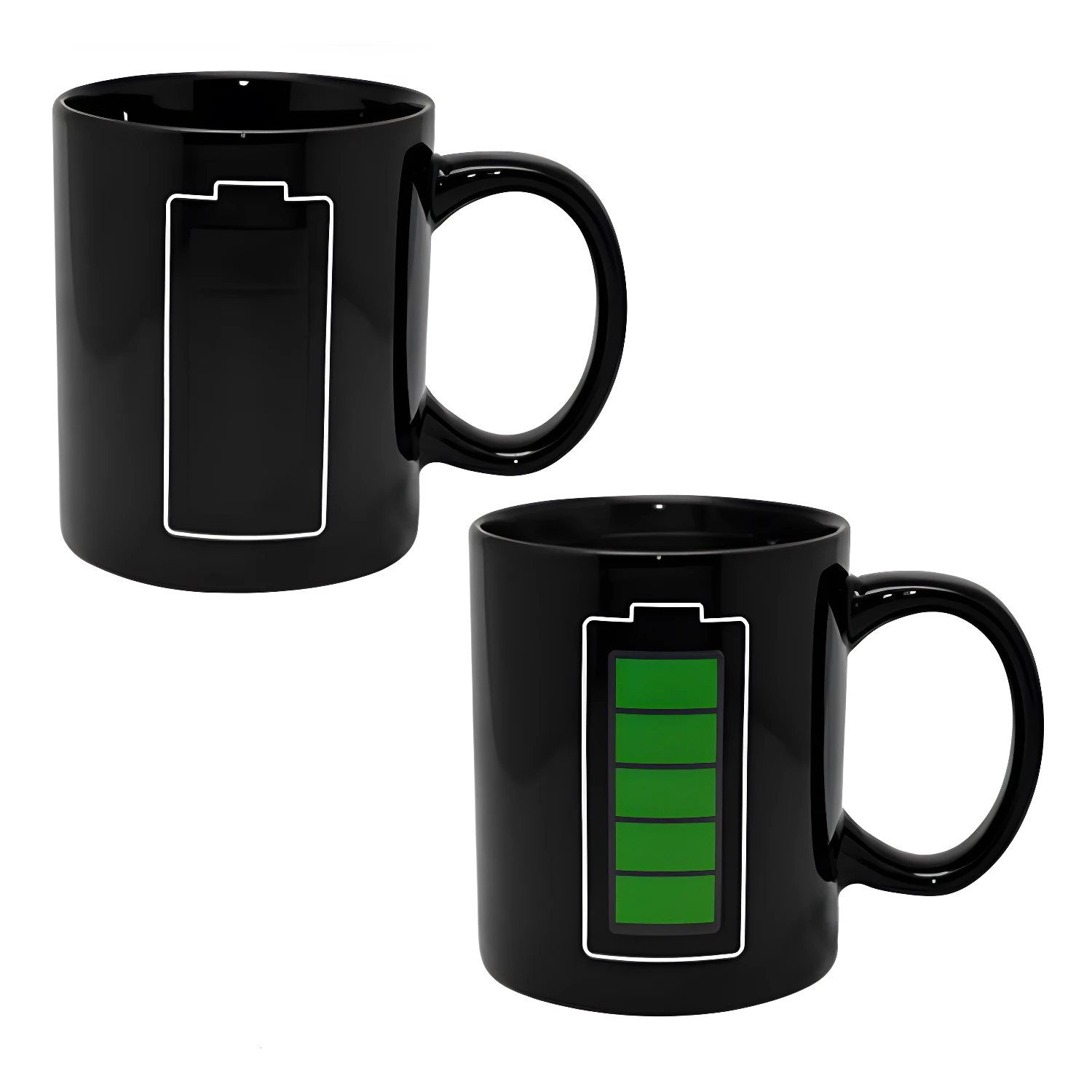 Taza mágica negra con diseño de batería que cambia de color con el calor.