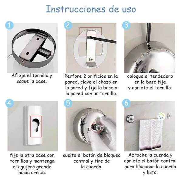 Tendedero retráctil para colgar ropa, instalación en pared con tornillos.