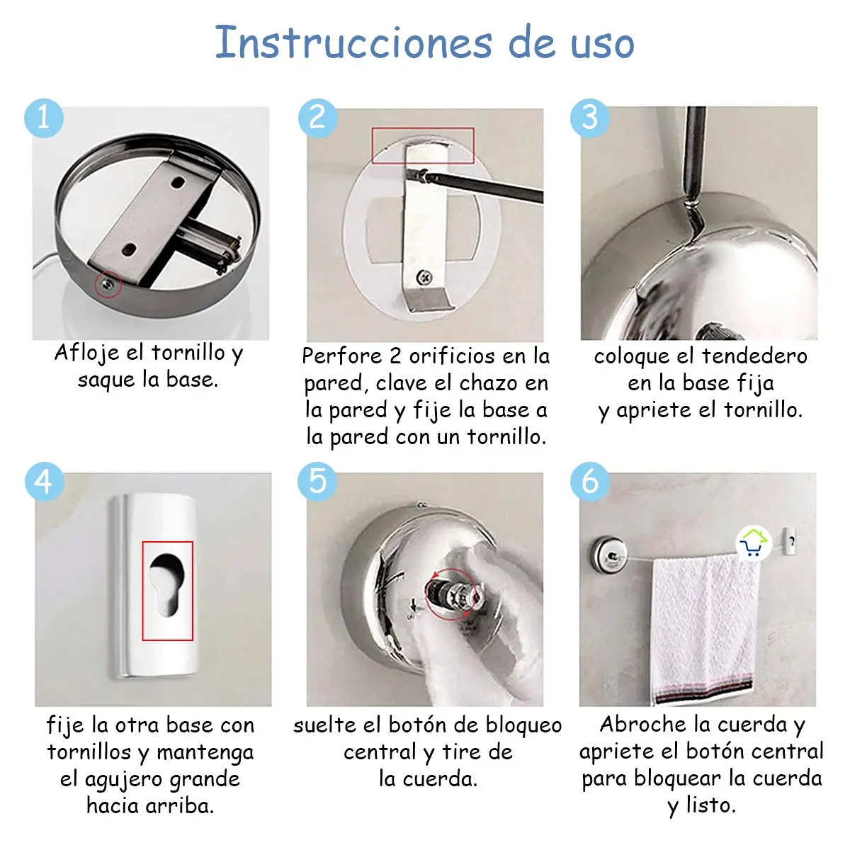 Tendedero retráctil para colgar ropa, instalación en pared con tornillos.