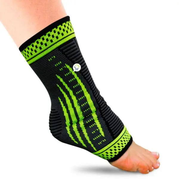 Tobillera de compresión deportiva Ortopédica, negra y verde neón, para alivio del dolor y soporte.