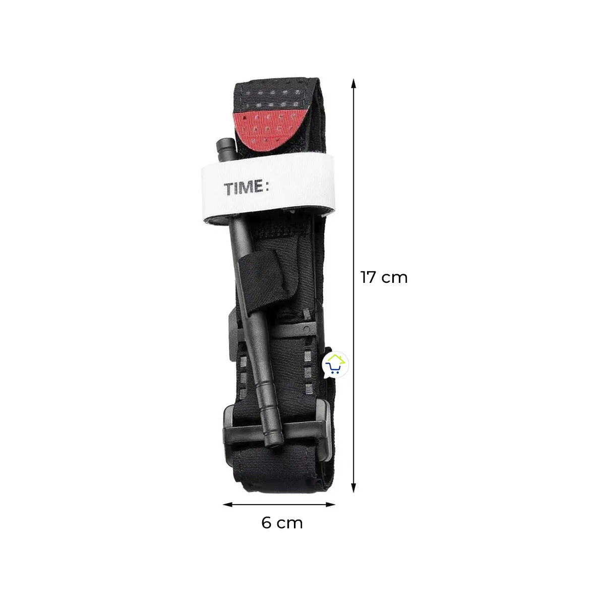 Torniquete de emergencia de una mano negro con banda blanca "TIME:" y medidas 17x6 cm.