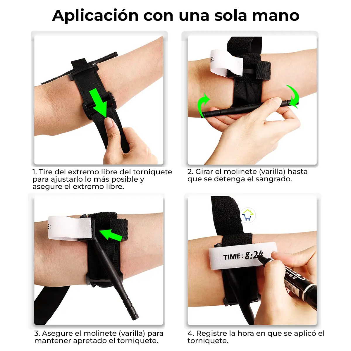 Torniquete médico de emergencia de una sola mano: aplicación y uso rápido para detener hemorragias.