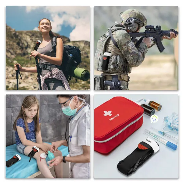 Torniquete médico de emergencia para uso con una sola mano, ideal para excursionistas, militares y primeros auxilios.