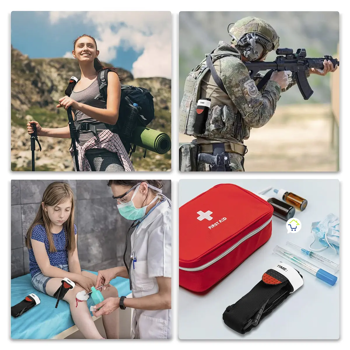 Torniquete médico de emergencia para uso con una sola mano, ideal para excursionistas, militares y primeros auxilios.