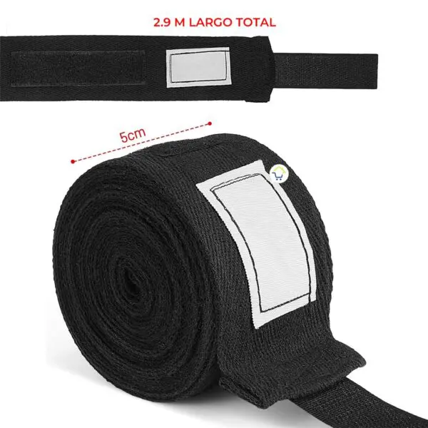 Vendas de boxeo negras de 5 cm de ancho, 2.9 m de largo total, ideales para kickboxing y muay thai.
