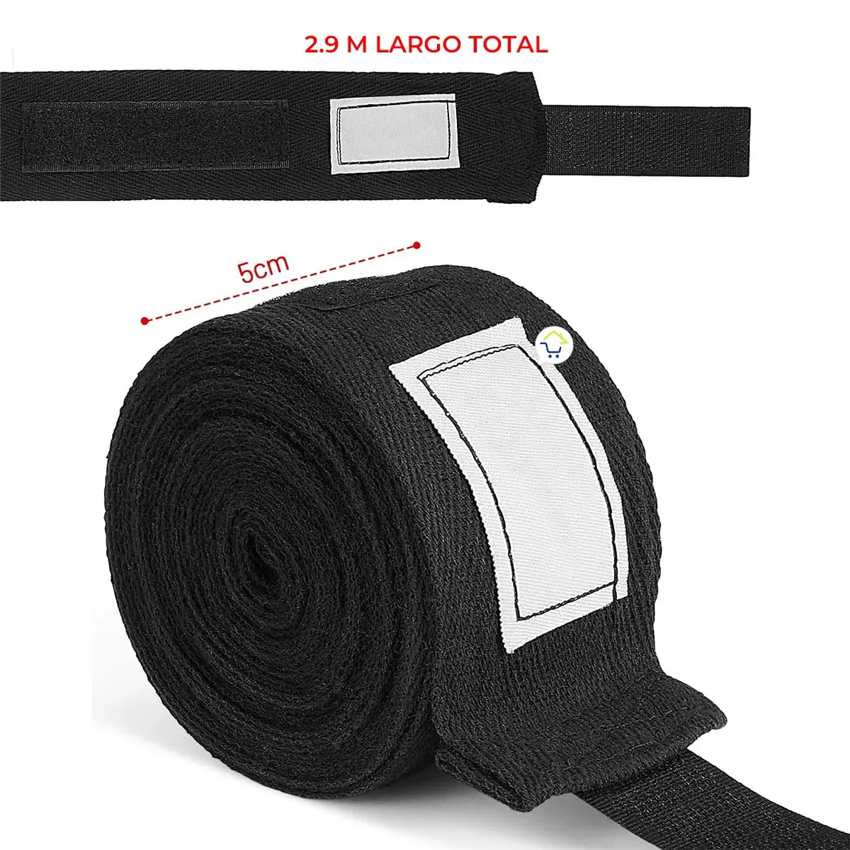 Vendas de boxeo negras de 5 cm de ancho, 2.9 m de largo total, ideales para kickboxing y muay thai.