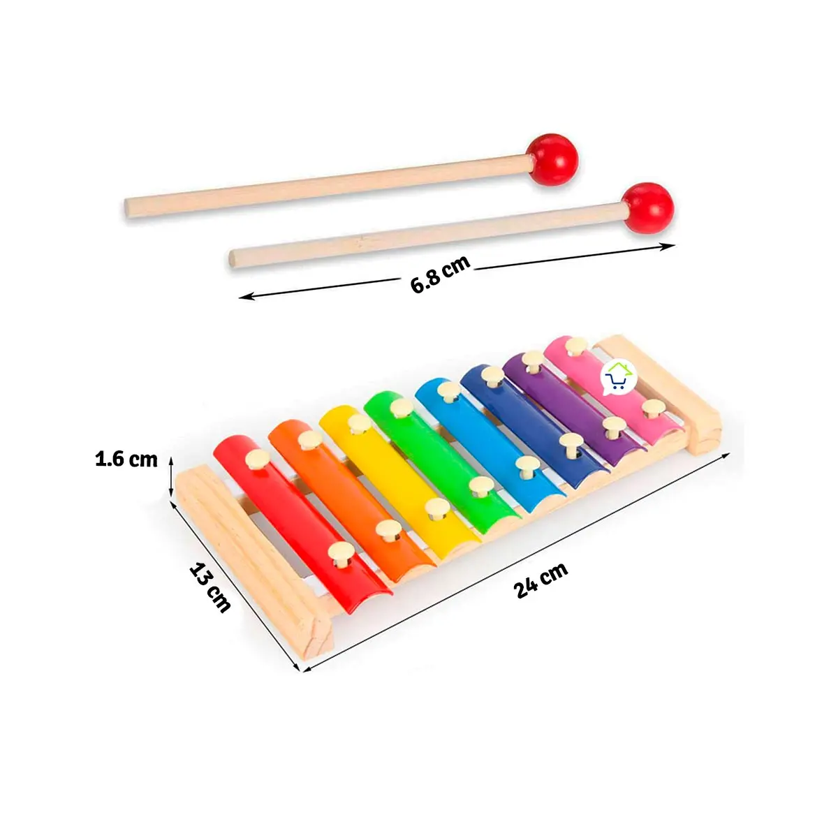 Xilófono de madera con 6 tonos coloridos y dos baquetas para niños.